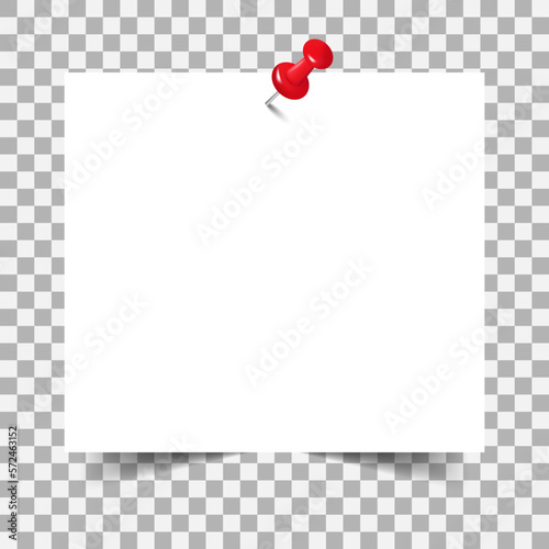 Realistic Blank sheet attached to a red pushpin.