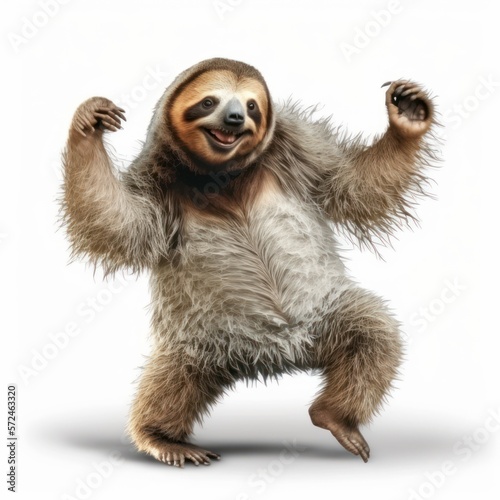 Detailed illustration of a funny friendly joyful sloth dancing happily isolated on a white background, generative ai