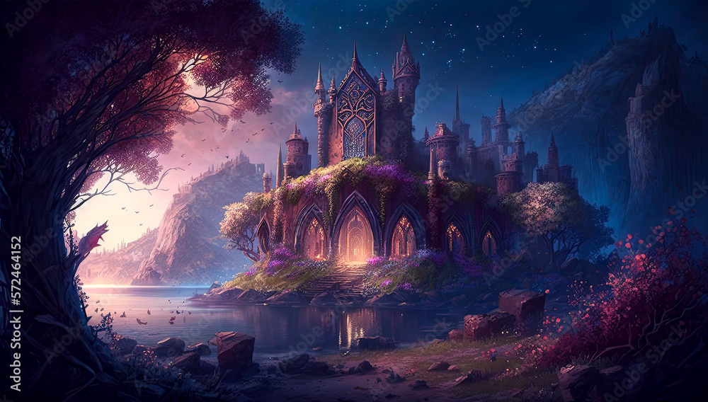 Fototapeta premium Fantasy castle, wide, landscape. Generative AI