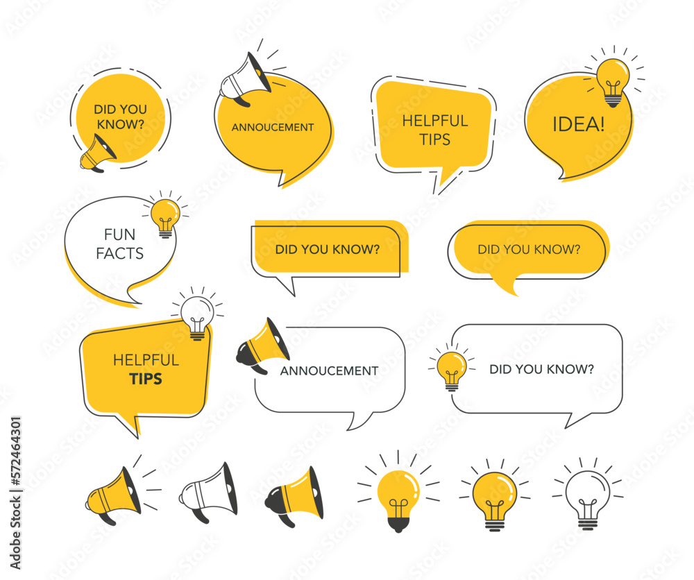 Collection of yellow and black speech bubbles, megaphones and light bulbs. Fun facts, trivia, idea concept design Collection of yellow and black speech bubbles, megaphones and light bulbs. Fun facts, trivia, idea concept design