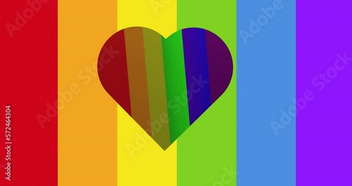 Animation of rainbow heart spinning on ranbow striped background photo
