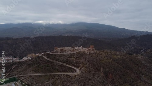 Aerial view. Tabernas desert wild and barren landscape in Almeria, Spain. Movie location set for spaghetti western. High quality 4k footage