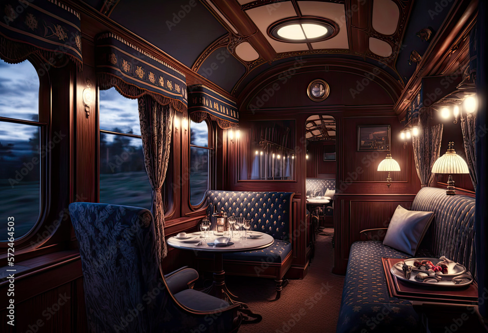 Train interior, dining car, 19th century, wood, luxury. Generative AI
