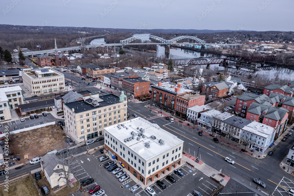 Aerial view of Middletown, Connecticut on a mild, late winter day