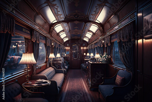 Train car interior, 19th century, wood, luxury. Generative AI