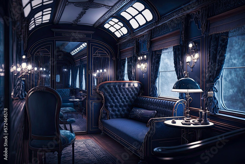 Train car interior, blue, 19th century, wood, luxury. Generative AI