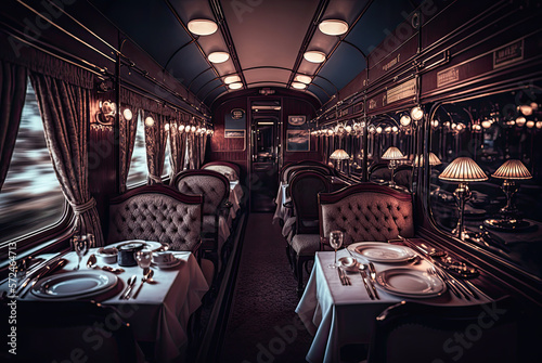 Fotografiet Train interior, dining car, 19th century, wood, luxury