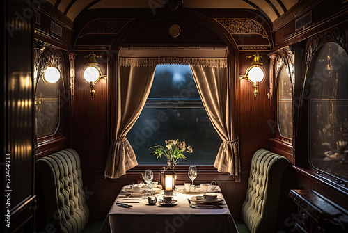 Photo Train interior, dining car, 19th century, wood, luxury
