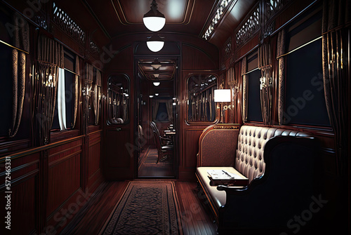 Train car interior, 19th century, wood, luxury. Generative AI