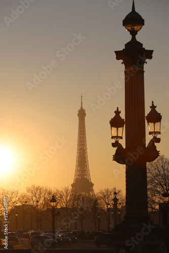 The famous Concorde square at sunset with Eiffel tower in the background . Paris.