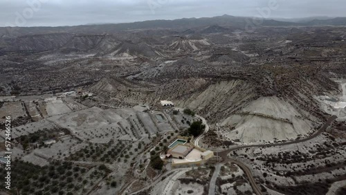 Aerial view. Tabernas desert wild and barren landscape in Almeria, Spain. Movie location set for spaghetti western. High quality 4k footage
