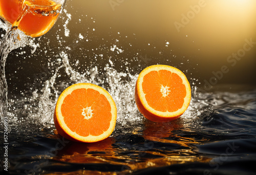 Freeze motion of sliced oranges in water splash.