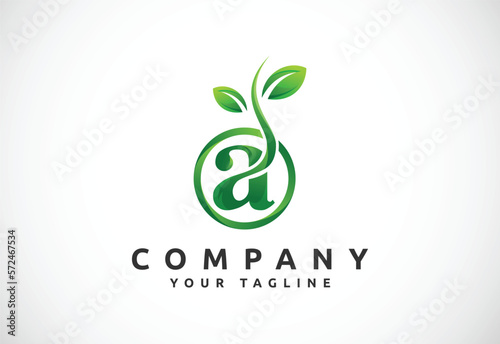 Alphabet A in a circle with two green leaf. Nature logo design template