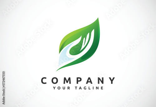 Green leaf hand logo design. Natural eco friendly symbol vector. Organic icon, Growth concept