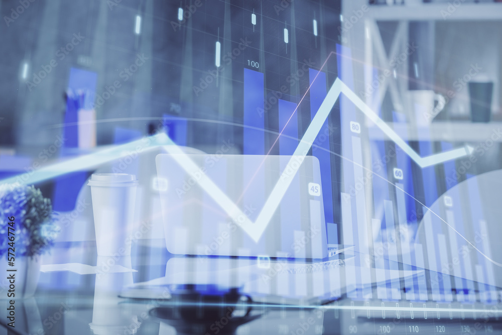 Double exposure of stock market graph drawing and office interior background. Concept of financial analysis. Double exposure of stock market graph drawing and office interior background. Concept of financial analysis.
