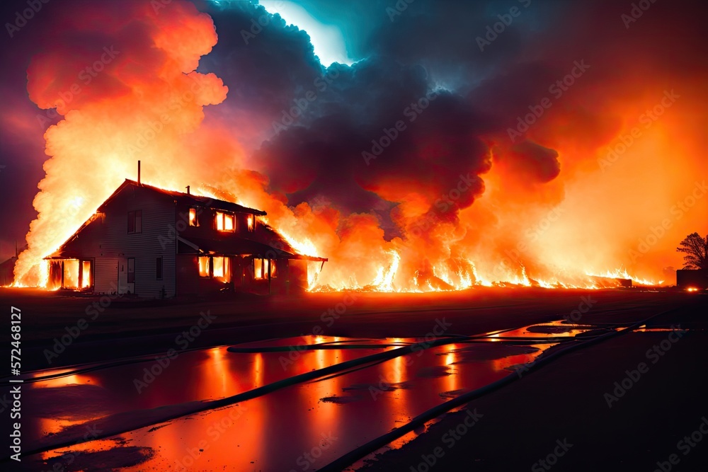 Burning wooden house at evening. Bright orange flames and dense smoke from under the tiled roof on dark sky, generative ai. Disaster and danger concept. Burning wooden house at evening. Bright orange flames and dense smoke from under the tiled roof on dark sky, generative ai. Disaster and danger concept.