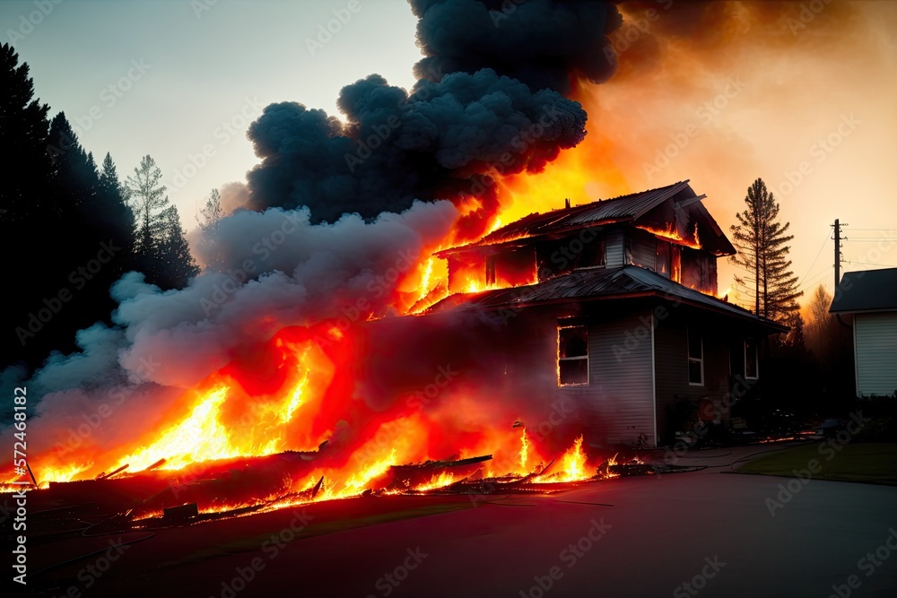 Burning wooden house at evening. Bright orange flames and dense smoke from under the tiled roof on dark sky, generative ai. Disaster and danger concept.