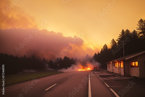 Burning wooden house at evening. Bright orange flames and dense smoke from under the tiled roof on dark sky, generative ai. Disaster and danger concept. © Aleksandr