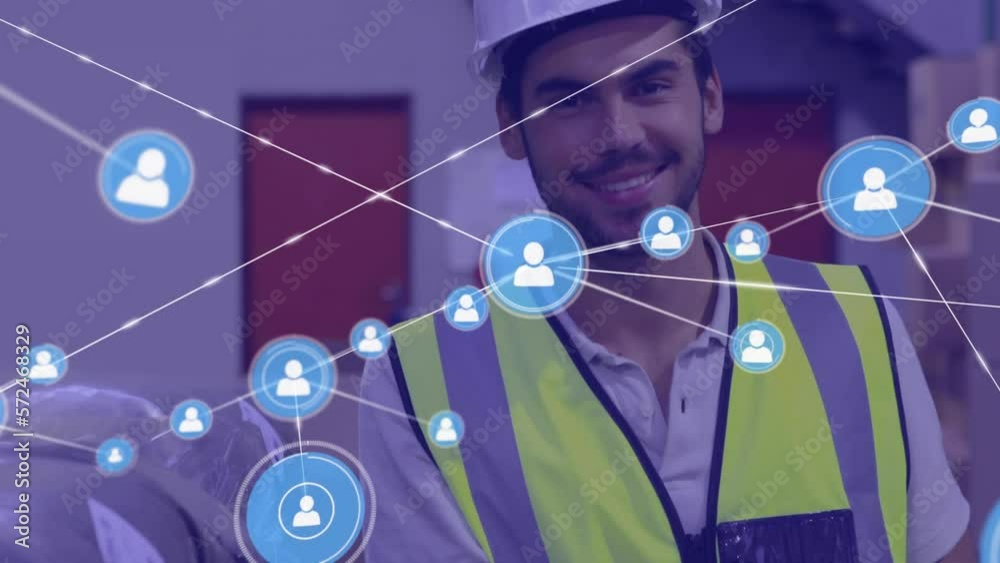 Animation of network of profile icons over caucasian male worker smiling at warehouse Animation of network of profile icons over caucasian male worker smiling at warehouse