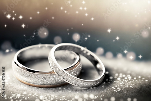 Designer wedding rings in the corner on a sparkling glitter background