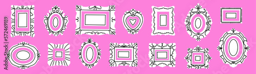 Set of various decorative white frames or borders. Different shapes. Photo or mirror frames. Vintage, retro design. Elegant, modern style. Hand drawn trendy Vector illustration. 
