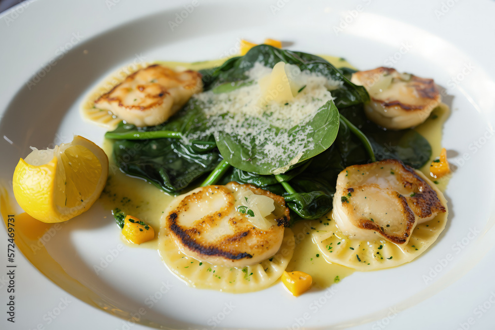 Ravioli with scallops and spinach, Generative AI