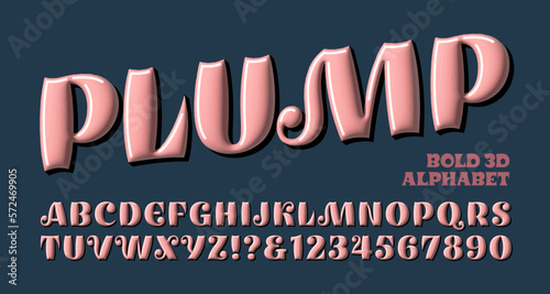 A bold and heavy alphabet in muted pink tones, with an inflated and plump 3d effect — good logo or branding font.