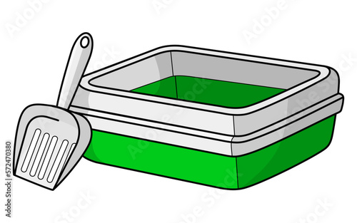 Cartoon cat litter box with shovel. Cat plastic toilet with scoop. Goods and accessories for pet shop. Care supplies for domestic animals. Colorful vector isolated illustration on white background.