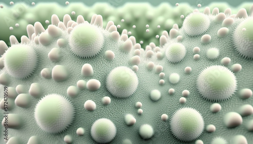 Abstract white and green background design with shapes and structures resembling microorganisms, cells, or bacteria. Suitable for biological and technological concepts. Generative AI. 