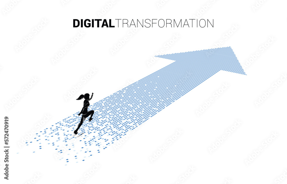 Naklejka premium Silhouette of businesswoman running on the arrow from pixel. concept of digital transformation of business.