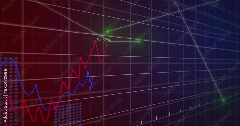 Animation of grid pattern over moving lines and multiple graphs with numbers on black background Animation of grid pattern over moving lines and multiple graphs with numbers on black background