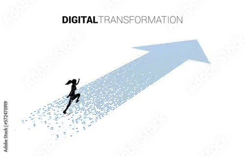 Silhouette of businesswoman running on the arrow from pixel. concept of digital transformation of business.