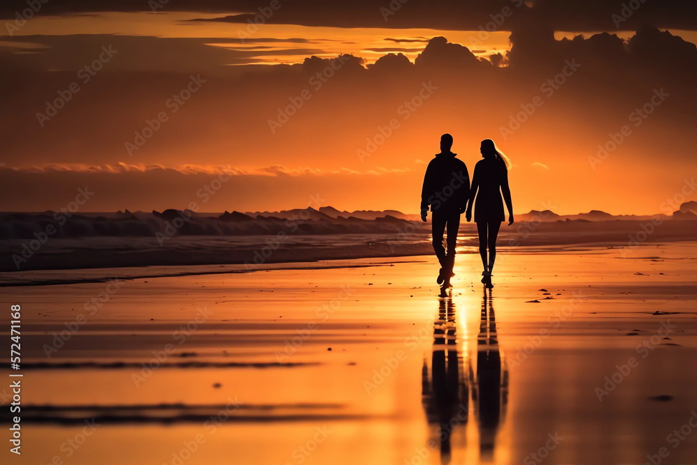 Couple walking on the beach during sunset generative ai 
