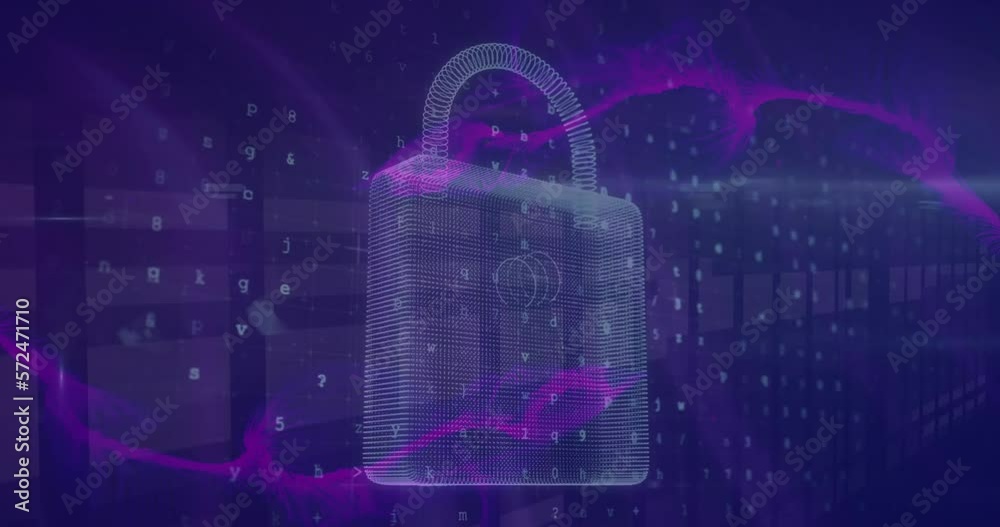 Animation of letter, numbers, symbols over padlock and abstract pattern against bars in background Animation of letter, numbers, symbols over padlock and abstract pattern against bars in background