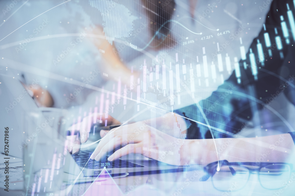 Multi exposure of woman hands typing on computer and financial graph hologram drawing. Stock market analysis concept. Multi exposure of woman hands typing on computer and financial graph hologram drawing. Stock market analysis concept.