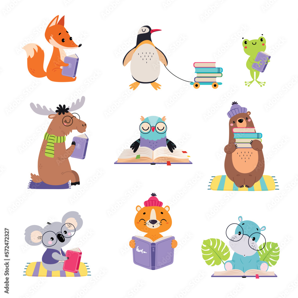 Cute baby animals reading books set. Smart penguin, chipmunk, koala, gopher, frog, bear cartoon vector illustration