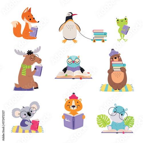 Cute baby animals reading books set. Smart penguin, chipmunk, koala, gopher, frog, bear cartoon vector illustration