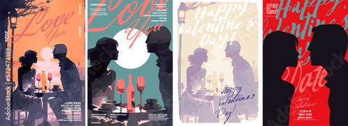 A couple on a date in a restaurant. Sunset. Kiss. Set of vector illustrations. Flat design. Typography. Background for a poster, t-shirt or banner.