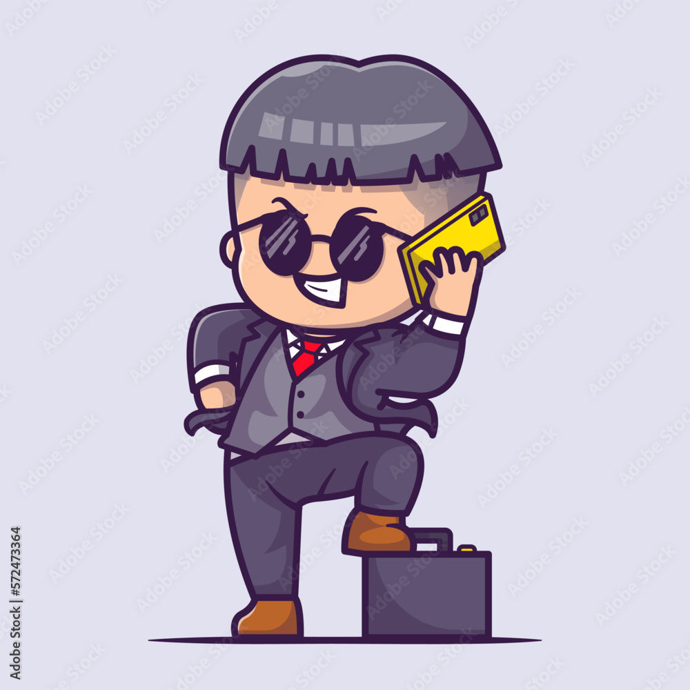 Cute Businessman Talking With Phone Cartoon Vector Icon Illustration. People Business Icon Concept Isolated Premium Vector. Flat Cartoon Style