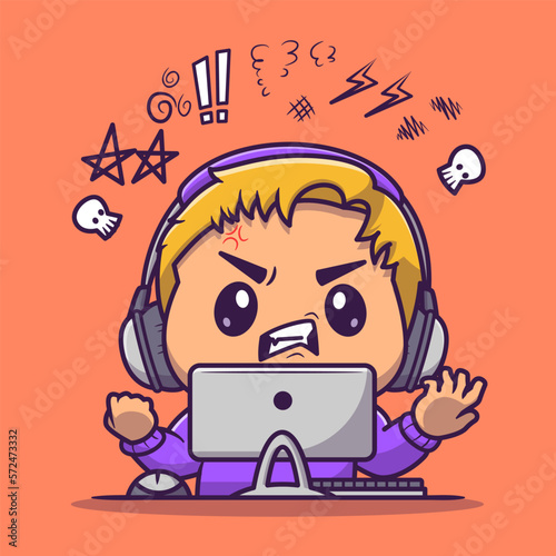 Angry Gamer Boy Cartoon Vector Icon Illustration. People Technology Icon Concept Isolated Premium Vector. Flat Cartoon Style