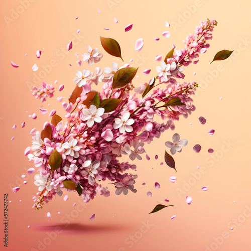 Blossom lilac branch, orange background, green leaves