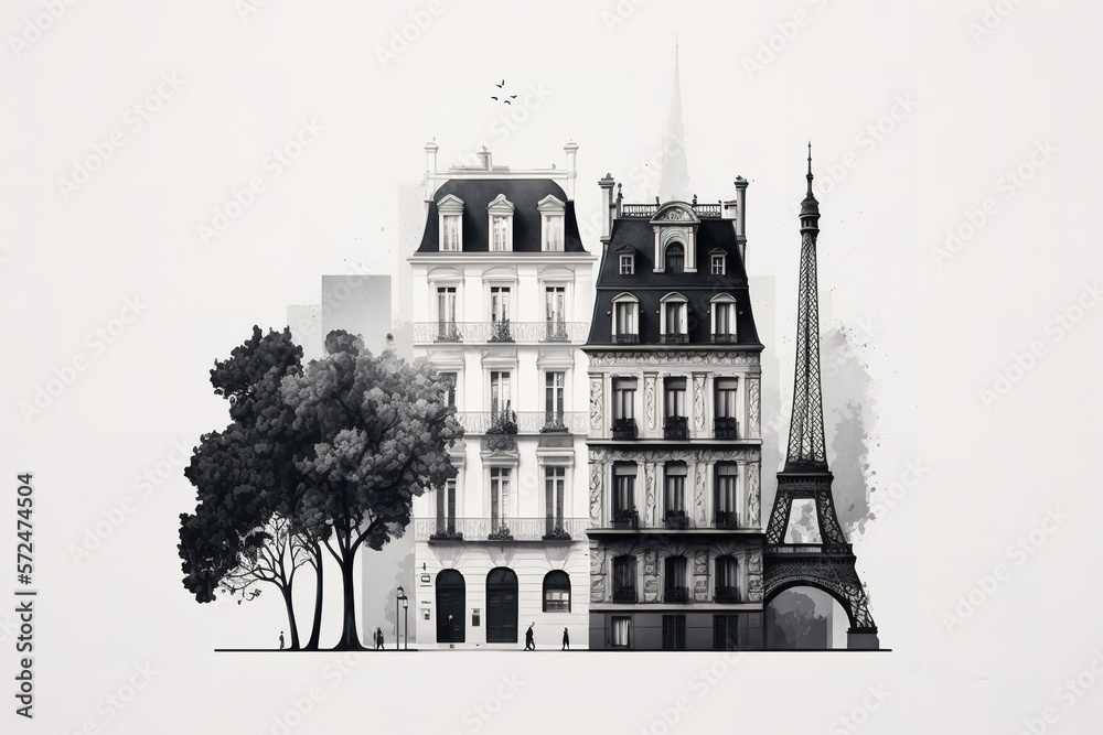 Minimalist back and white Paris landmark representation. Fine art style. Generative AI illustration