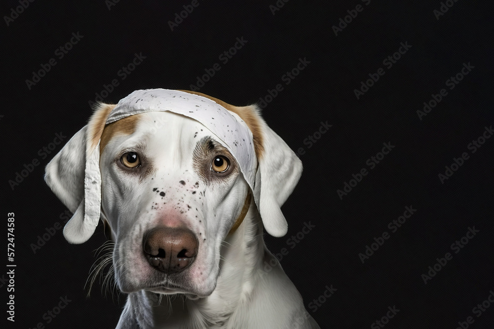 Dog injured portrait. White mix breed cute dog looking at camera wearing bandage on head. Dark background with copy space for advertisement. Generative AI illustration
