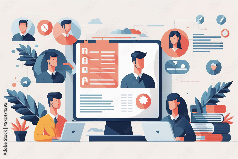 Conceptual chart of virtual team communication, project management. Flat design Generative AI illustration Conceptual chart of virtual team communication, project management. Flat design Generative AI illustration