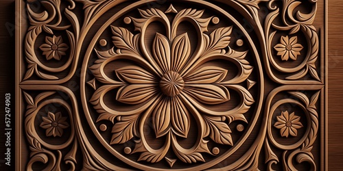 Fototapeta Naklejka Na Ścianę i Meble -  3d Wooden pattern Panel , With java Wooden carving Background For Wall, Carved into wooden with Abstract motif by ai generative