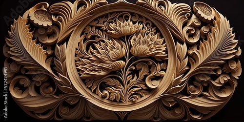 Fototapeta Naklejka Na Ścianę i Meble -  3d Wooden pattern Panel , With java Wooden carving Background For Wall, Carved into wooden with Abstract motif by ai generative