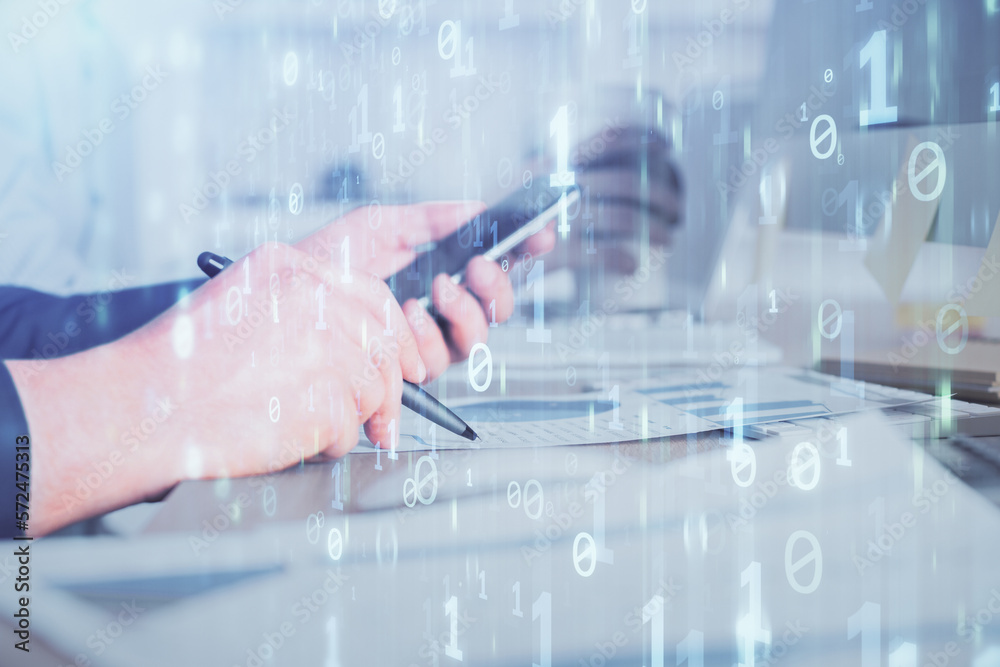 Multi exposure of man's hands holding and using a digital device and data theme drawing. Innovation concept. Multi exposure of man's hands holding and using a digital device and data theme drawing. Innovation concept.