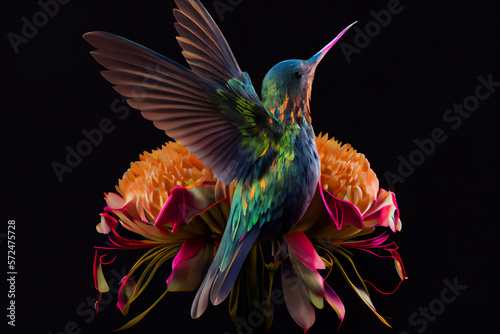  Hummingbird sitting on the flower. Generative AI. © EwaStudio