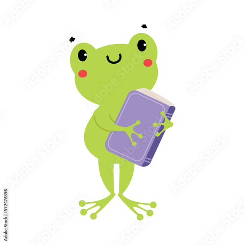 Cute baby frog standing with book. Funny smart amphibian animal character. Kids education concept cartoon vector illustration