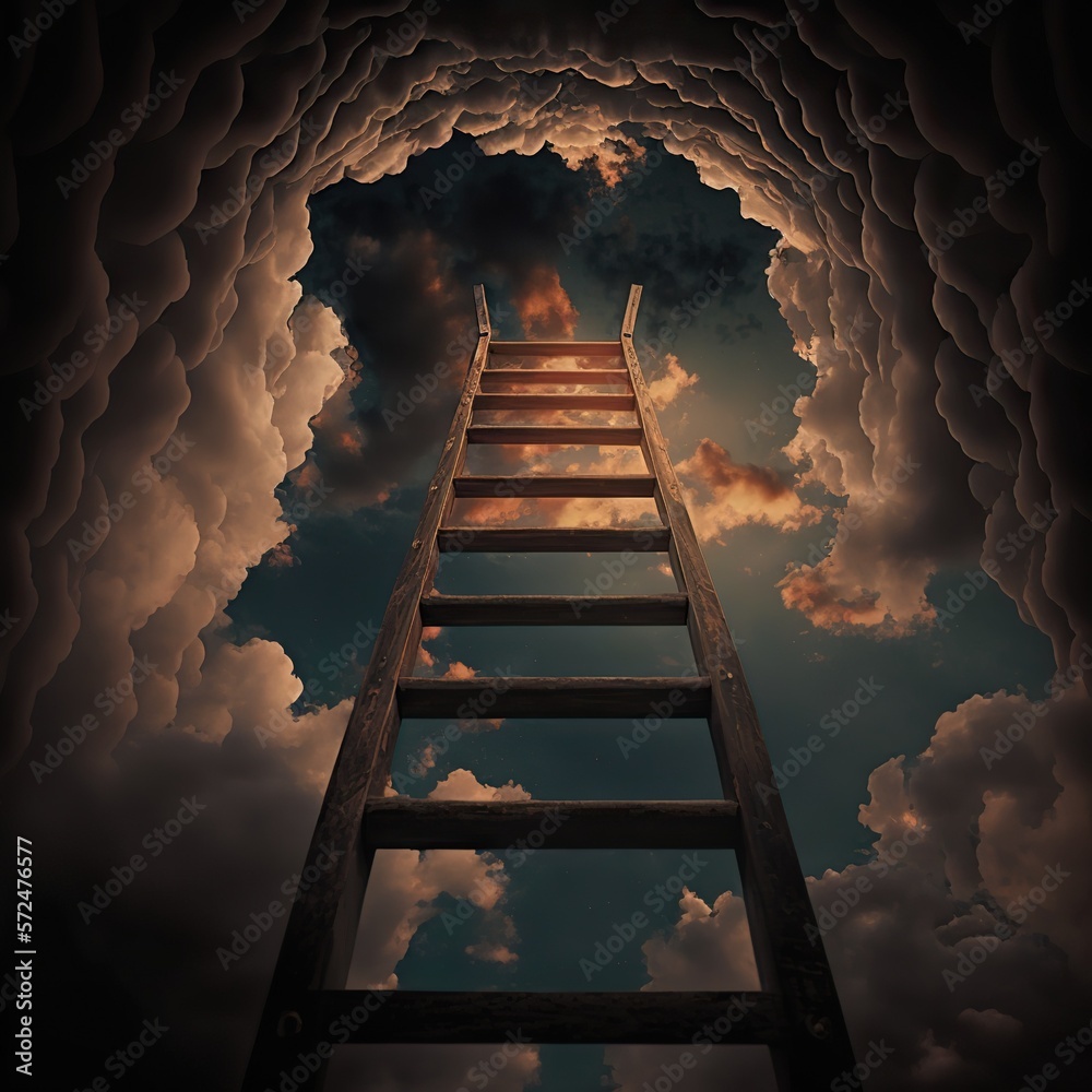Bottom view of dark wood ladder leading up against the sky , concept of ...